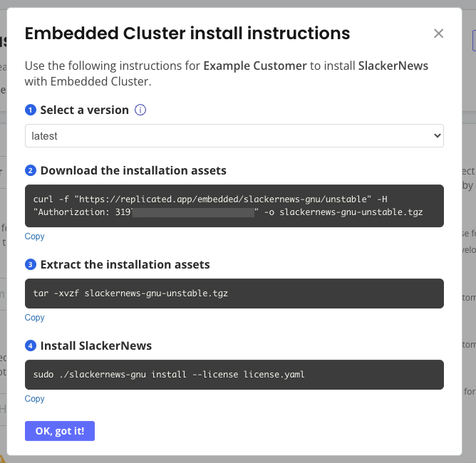 Embedded cluster install instructions
